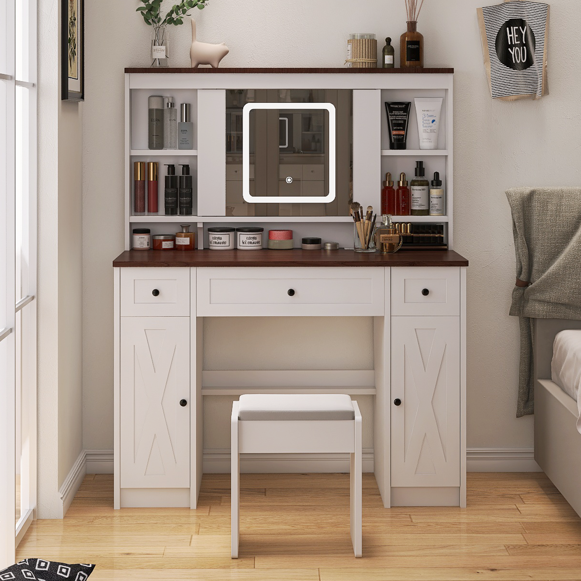 Farmhouse Vanity Desk With Sliding Mirror,Lights And Charging Station,Makeup Table Desk With Dimmable Led Light,Vanity Makeup Table With Sponge Soft Stool,White Brown Finish White Drawer 5 Drawers &