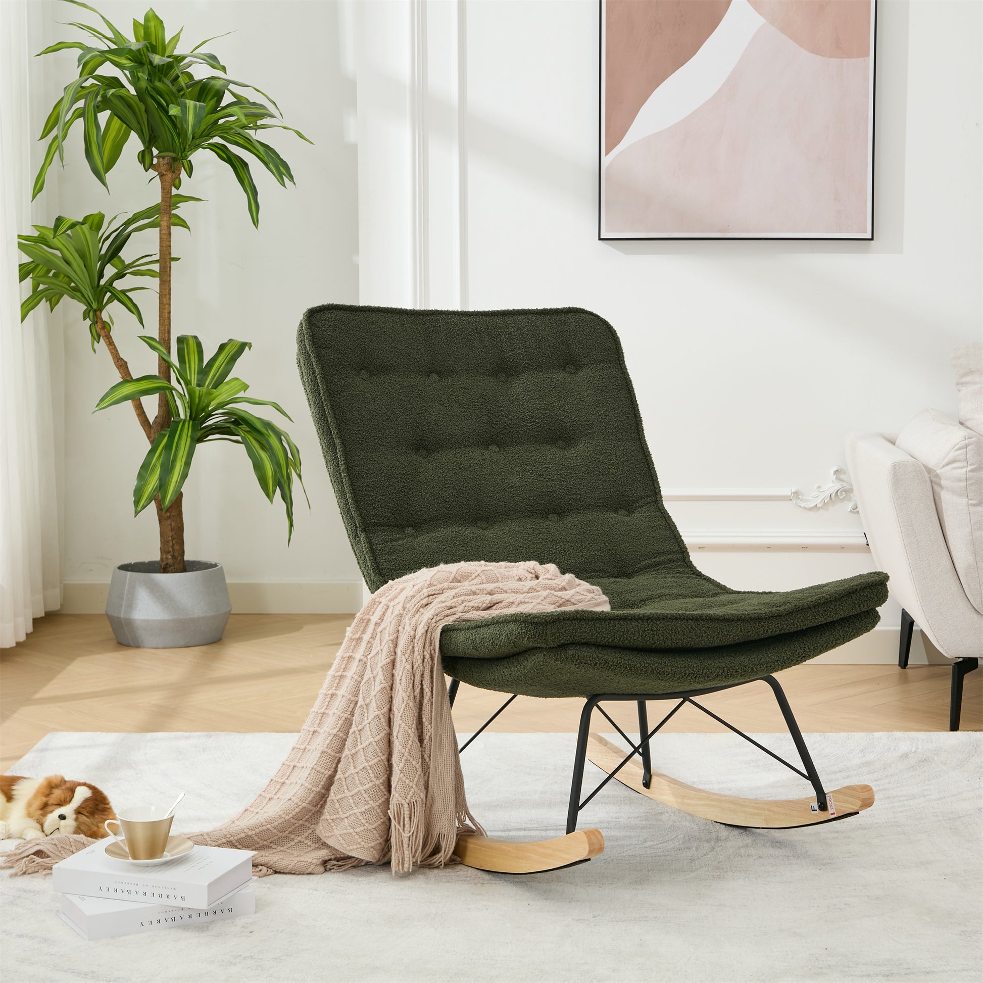 Lazy Rocking Chair,Comfortable Lounge Chair With Wide Backrest And Seat Wood Base, Upholstered Armless Rocker Chair For Living Room, Balcony,Bedroom And Patio Porch. Dark Green Cushion Iron Dark Green Primary Living Space Sponge Square Casual Rocking