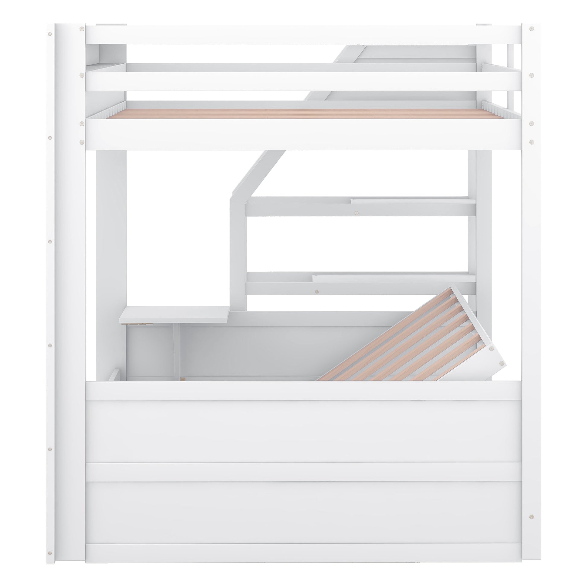 Wood Full Size Convertible Bunk Bed With Storage Staircase, Bedside Table, And 3 Drawers, White White Solid Wood Mdf