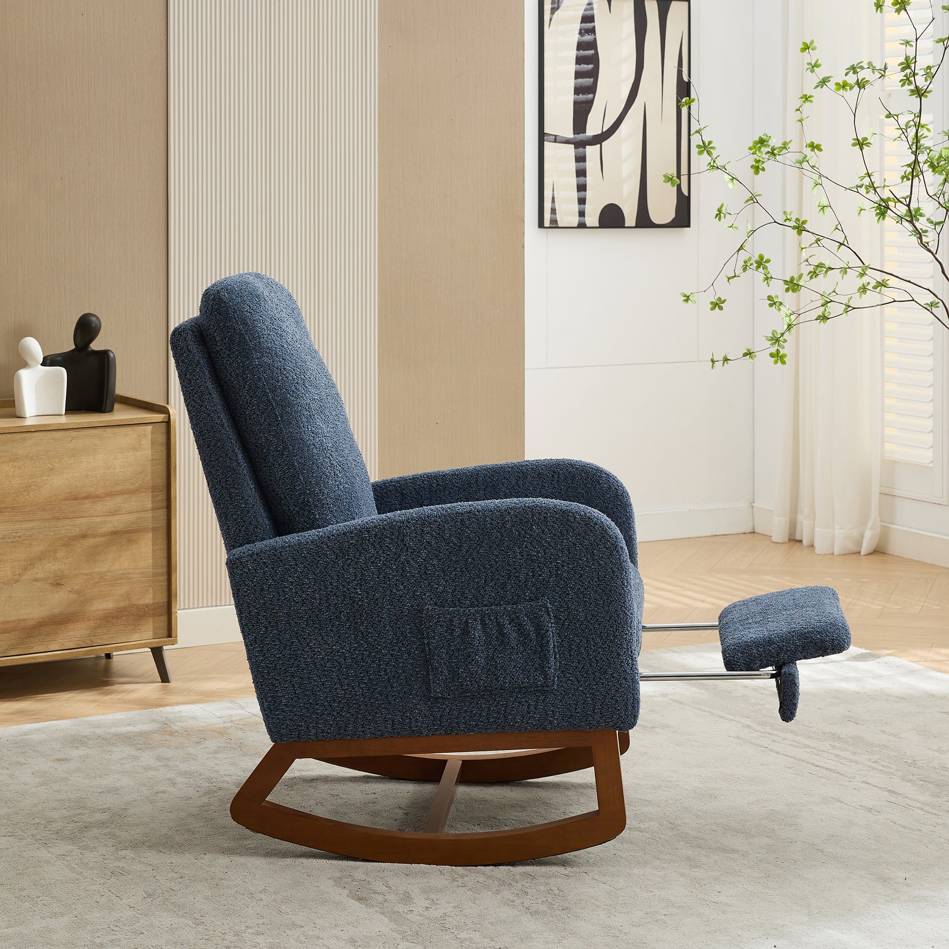 25.4"W Rocking Chair For Nursery, High Back Glider Chair With Retractable Footrest, Side Pocket, Rocking Accent Armchair With Rubber Wood Legs For Living Room Bedroom.Navy Navy Boucle