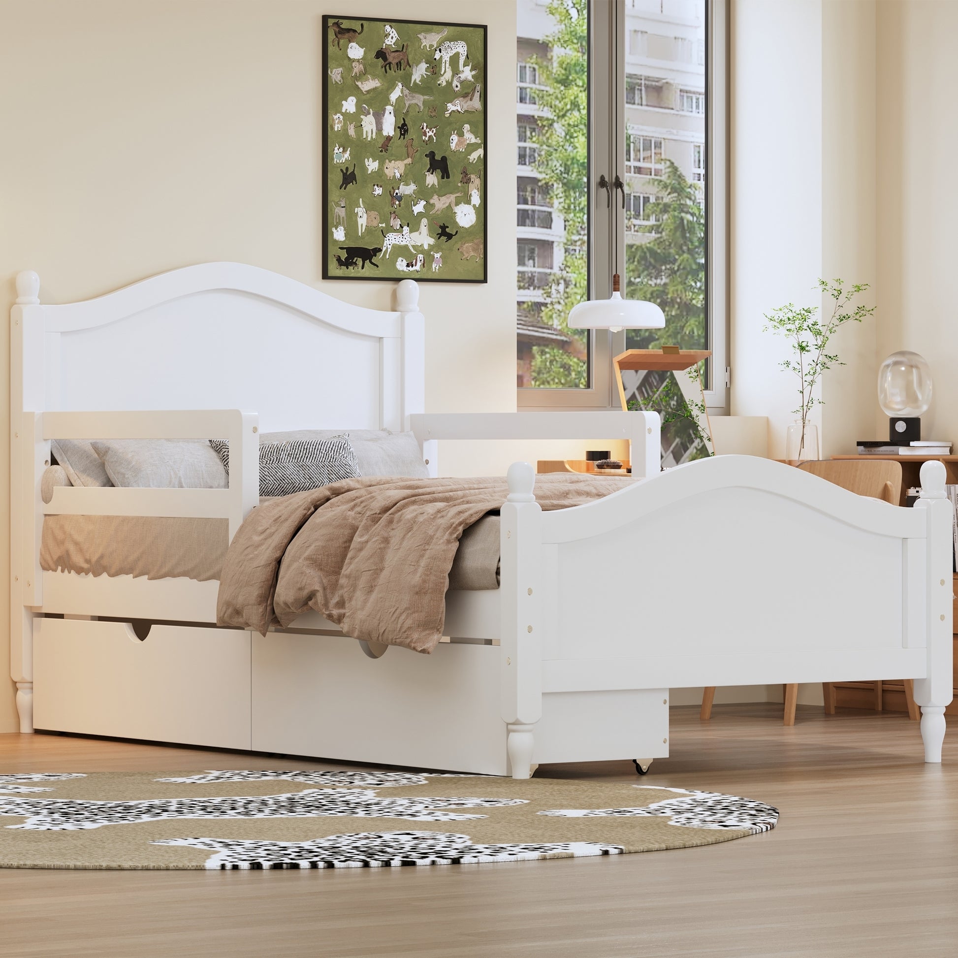 Twin Size Wood Platform Bed With Guardrails On Both Sides And Two Storage Drawers ,White Twin White Wood