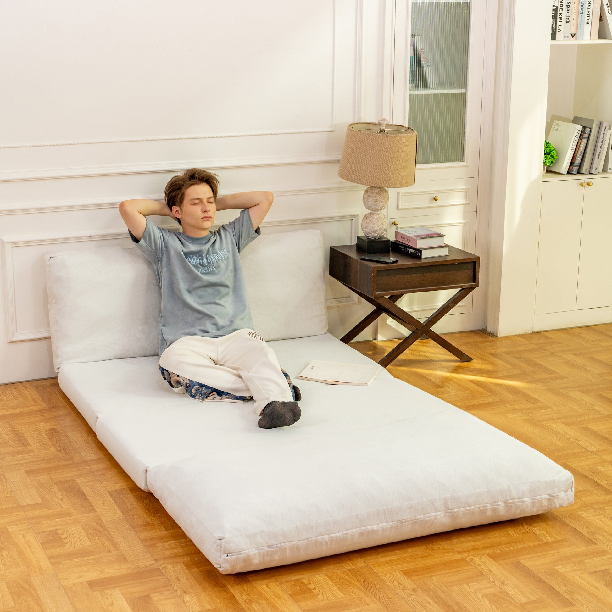 Large Folding Matress Sofa Bean Bag Bed, Foam Filling Folding Matress Sofa, Includes Removable And Machine Washable Cover, Soft Premium Faux Fur White Primary Living Space Soft Casual,Modern Foam Velvet 2 Seat