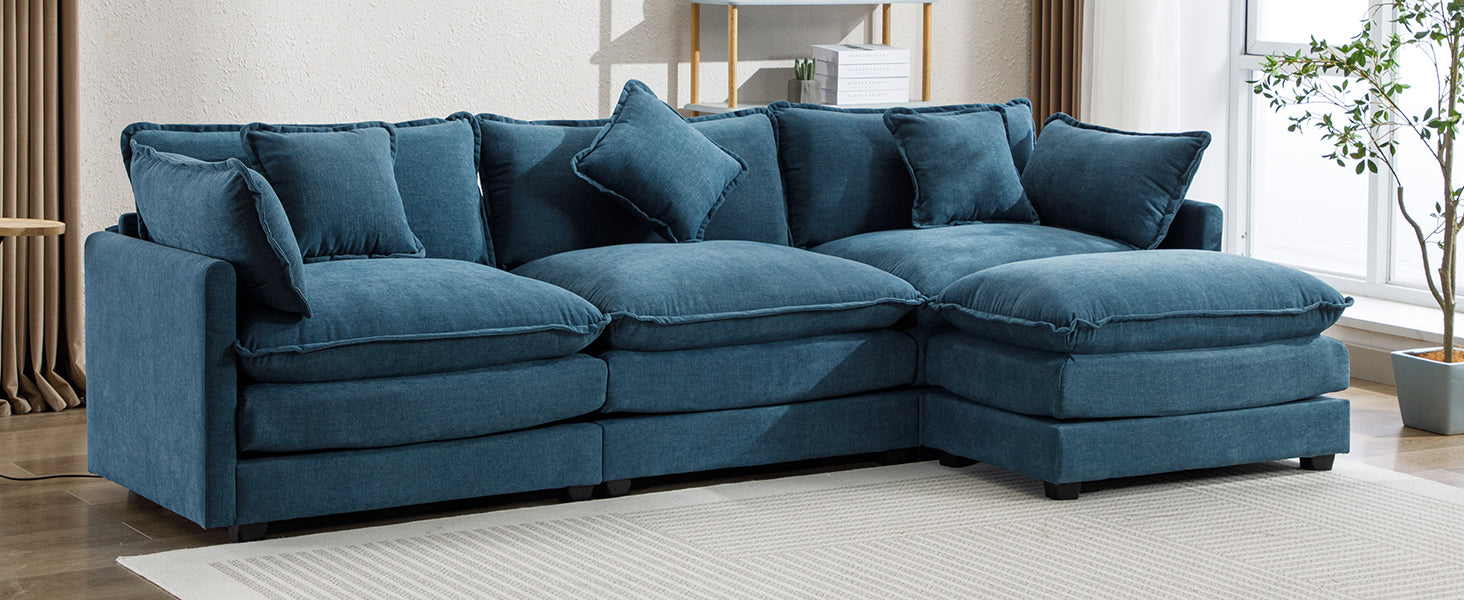 112.2" L Shape Chenille Upholstered Sofa For Living Room Modern Luxury Sofa Couch With Ottoman, 5 Pillows, Blue Blue Foam 4 Seat