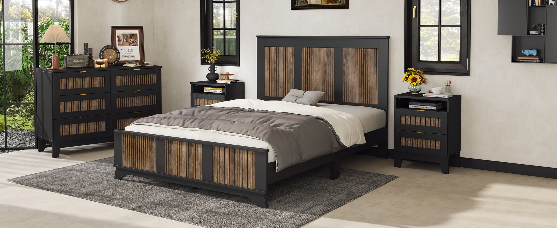 Farmhouse Wooden Platform Queen Size Bed, Modern Platform Bed With Wooden Strip Decoration, Plywood Slats Support, Black Queen Black Particle Board