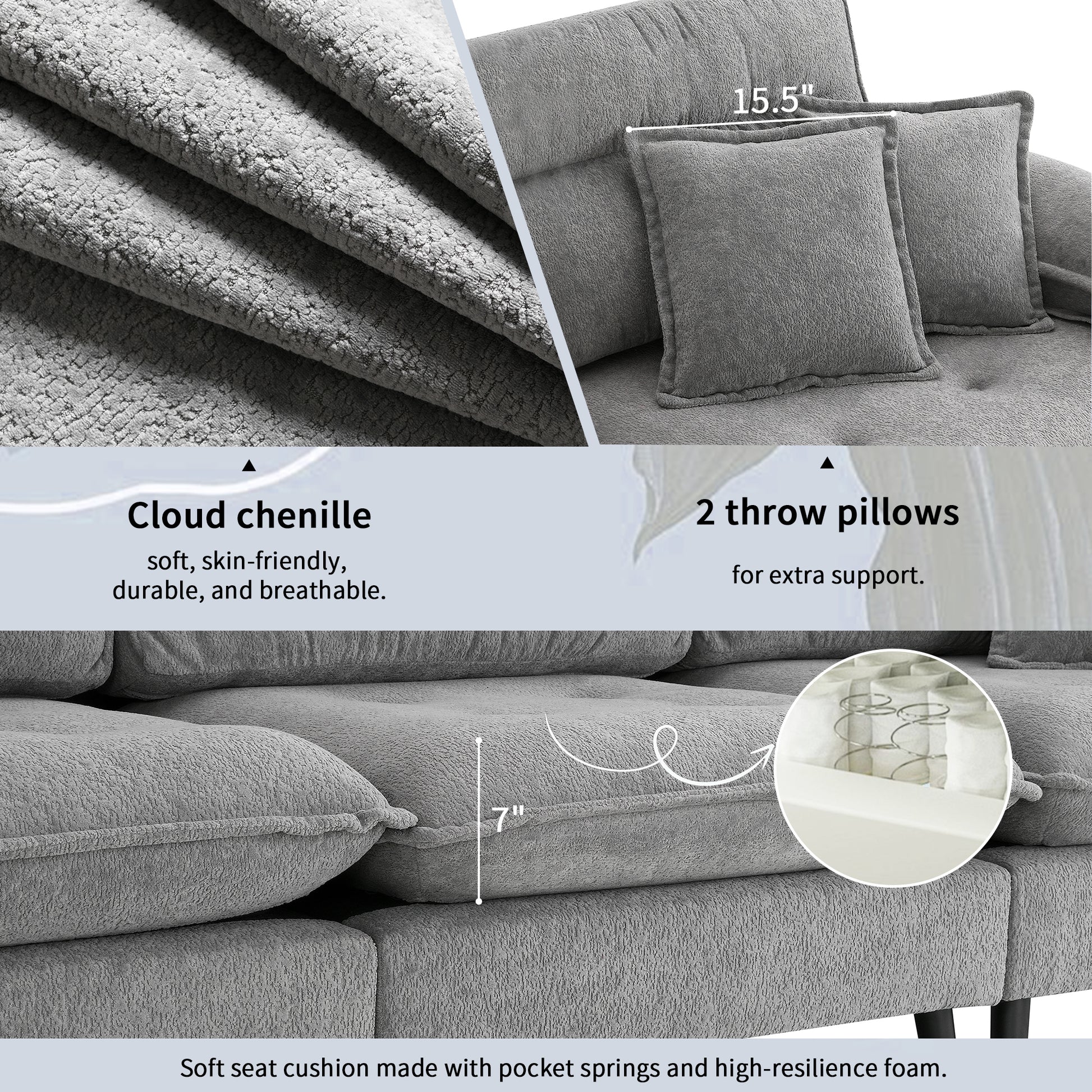 106*66.5" L Shaped Convertible Sectional Sofa,4 Seat Tufted Couch Set With Two Tone Adjust Legs,Cloud Chenille Fabric,Movable Ottoman For Living Room, Apartment,Office,3 Colors Gray Chenille 4 Seat