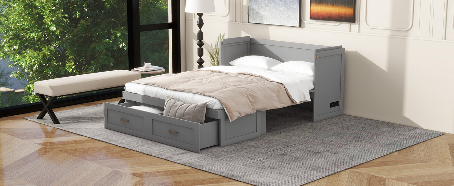 Full Size Murphy Bed With Usb Ports, Large Drawers And Metal Handles,Gray Full Gray Solid Wood Mdf