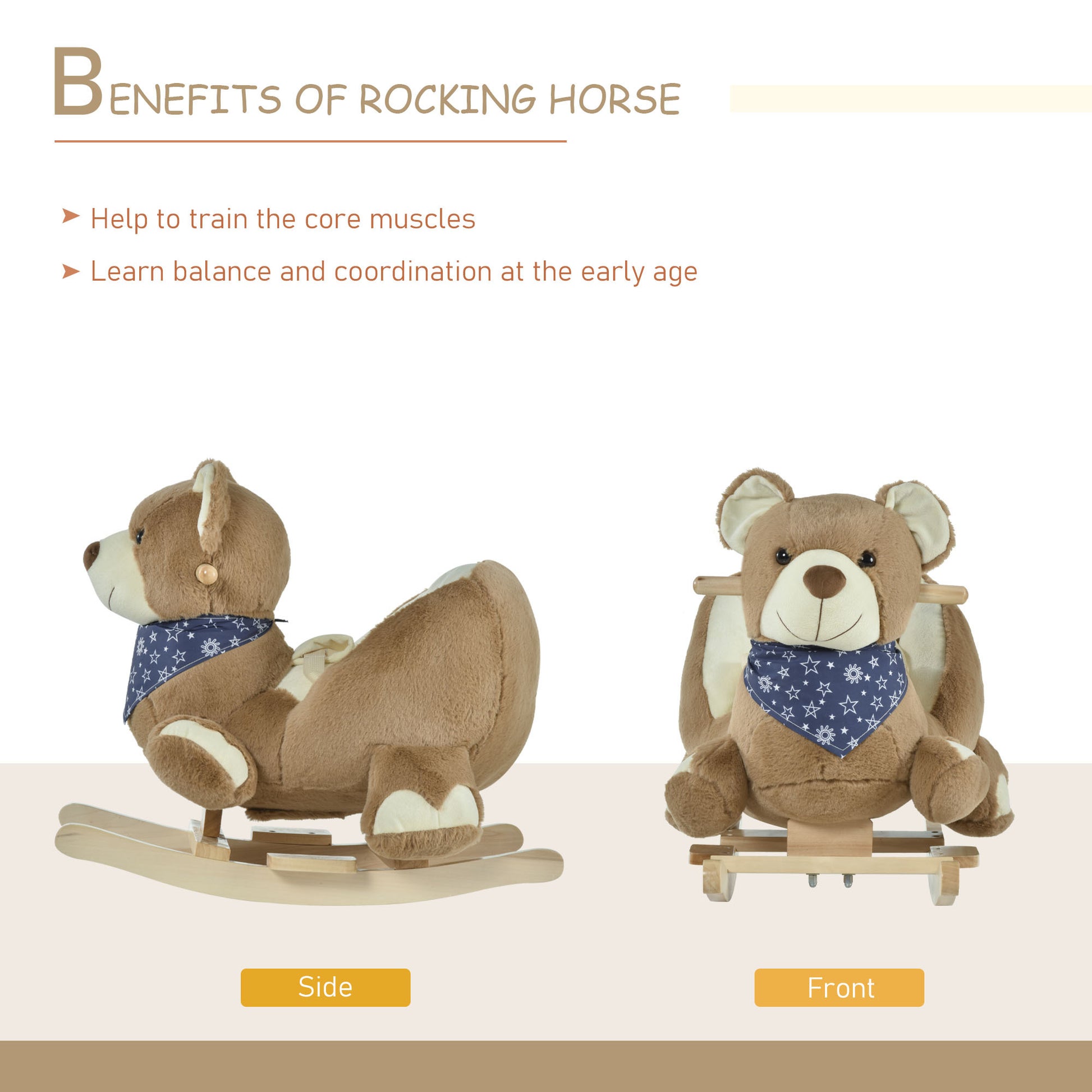 Qaba Baby Rocking Horse With Lullaby, Riding Horse, Bear Themed Plush Animal Rocker With Pedals For Ages 18 36 Months Brown Wood