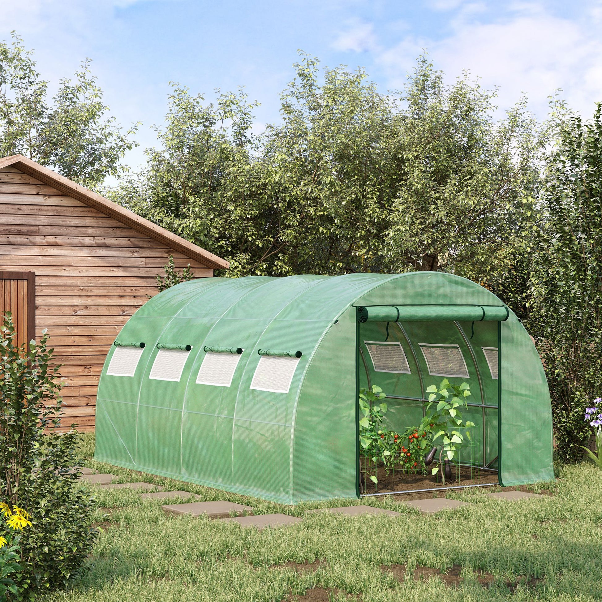 Outsunny 13' X 10' X 6.5' Walk In Tunnel Greenhouse With 2 Zippered Mesh Doors & 10 Mesh Windows, Upgraded Gardening Plant Hot House With Galvanized Steel Hoops, Green Green Plastic