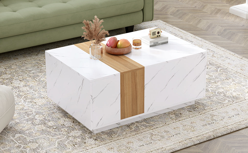 Modern 35.4 X 23.6 Inch Two Tone Coffee Table With Faux Marble And Walnut Wood Grain Finish, Rectangular Center Table With 2 Storage Drawers, Practical Cocktail Table For Living Room, White White Primary Living Space Drawers Rectangular Particle Board