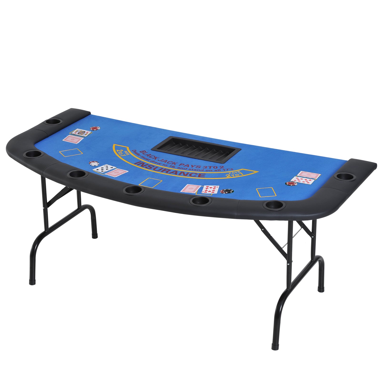 Soozier Poker Table Foldable, 72" Blackjack Table For 7 Players With Chip & Cup Holder, Blue Felt Blue Mdf Steel