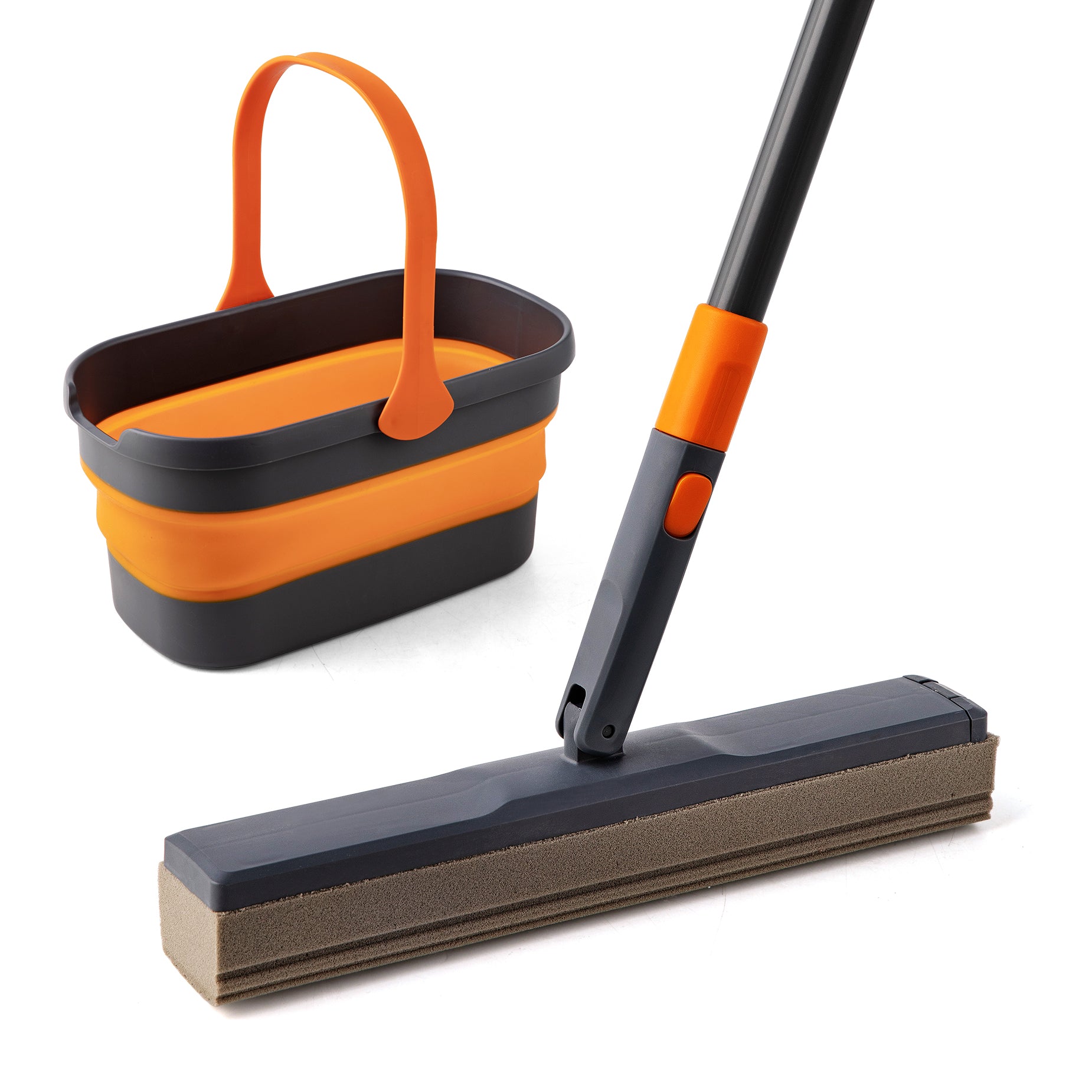 Sponge Mop Kit And Collapsible Bucket, Mop And Bucket For Floor Cleaning, Hands Free Home Floor Cleaning, Floor Cleaning System Black Orange Plastic