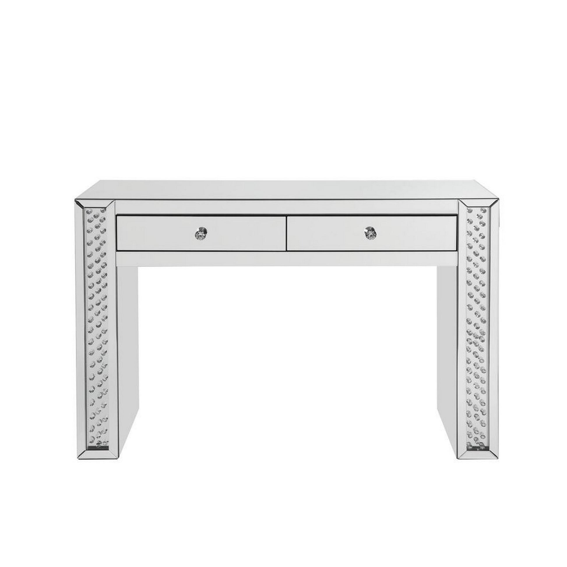 Mirror Accented Two Drawers Wooden Vanity Desk With Faux Crystal Inlay, Silver Silver Engineered Wood