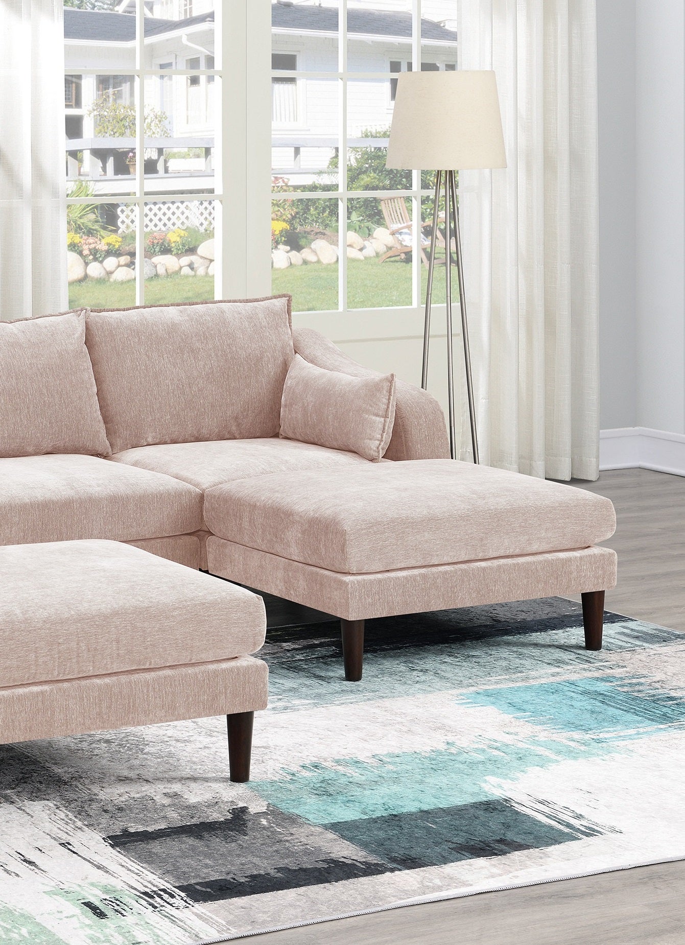 Contemporary 5Pcs Modular Sectional Set One Arm Chairs Armless Chair Ottomans L Shaped Sectional Blush Pink Morgan Fabric Pink Primary Living Space Cushion Back Classic,Contemporary,Modern Modular