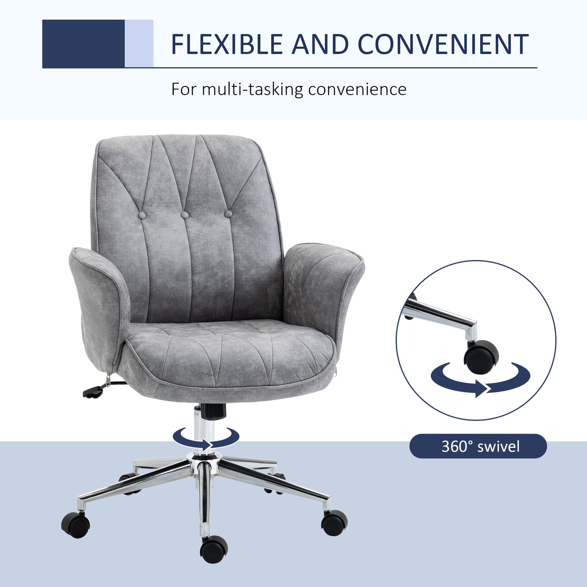 Vinsetto Microfiber Home Office Chair, Height Adjustable Button Tufted Computer Desk Chair With Swivel Wheels, Tilt Function And Padded Armrests, Light Gray Light Grey Steel