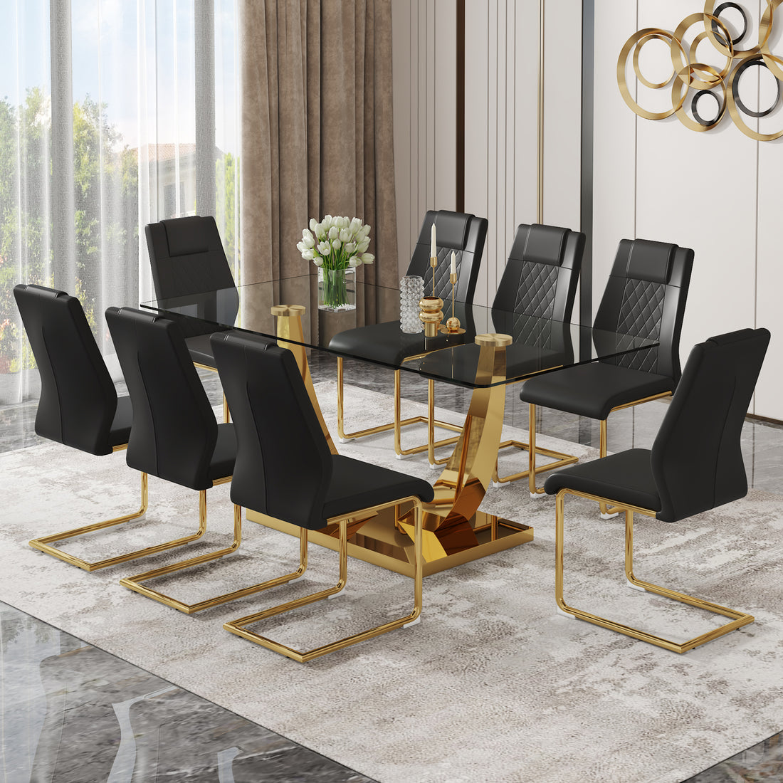 Table And Chair Set.Modern Rectangular Dining Table With Transparent Tempered Glass Tabletop And Gold Plated Metal Legs.Paried With 8 Comfortable Chairs With Pu Seats And Golden Metal Legs. Black Gold,Transparent Seats 8 Glass Metal