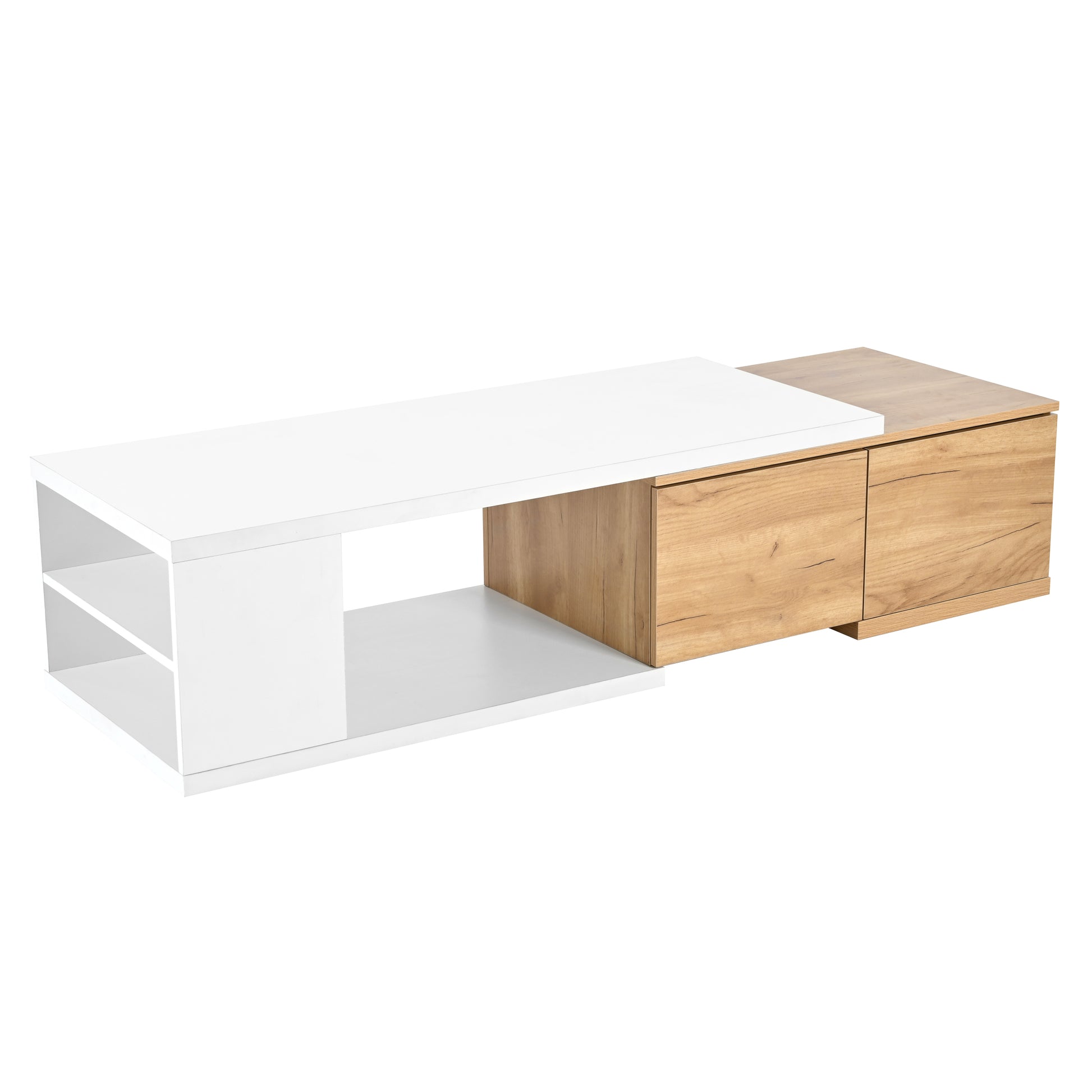 47.2'' 57''W Extendable Coffee Table With 2 Storage Drawers, Dual Tone Wood Center Table With Extendable Sliding Tabletop, Multi Functional Hidden Storage Sofa Table For Living Room, White White Primary Living Space Drawers Rectangular Particle Board Mdf