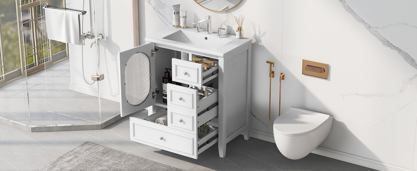 30" Bathroom Vanity With Sink, Bathroom Vanity Cabinet With Three Drawers And Door, Solid Wood And Mdf, White White Solid Wood Mdf