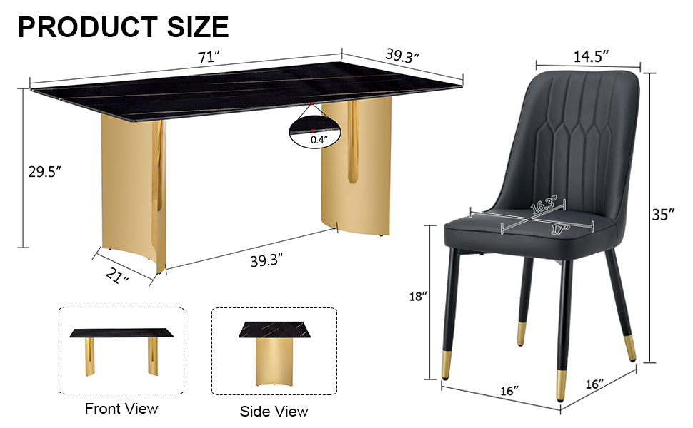 Table And Chair Set.The Table Has A Glass Top With Imitation Marble Pattern Stickers And Stainless Steel Golden Legs. Paried With Chairs With Pu Artificial Leather Backrest Cushions And Black Legs. Black Gold Seats 6 Glass Metal