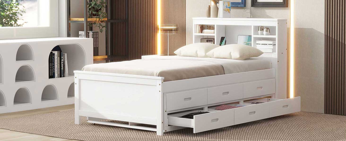 Twin Size Platform Bed With Storage Headboard, Usb, Twin Size Trundle And 3 Drawers, White Box Spring Not Required Twin White Wood Bedroom Bed Frame Solid Wood Mdf