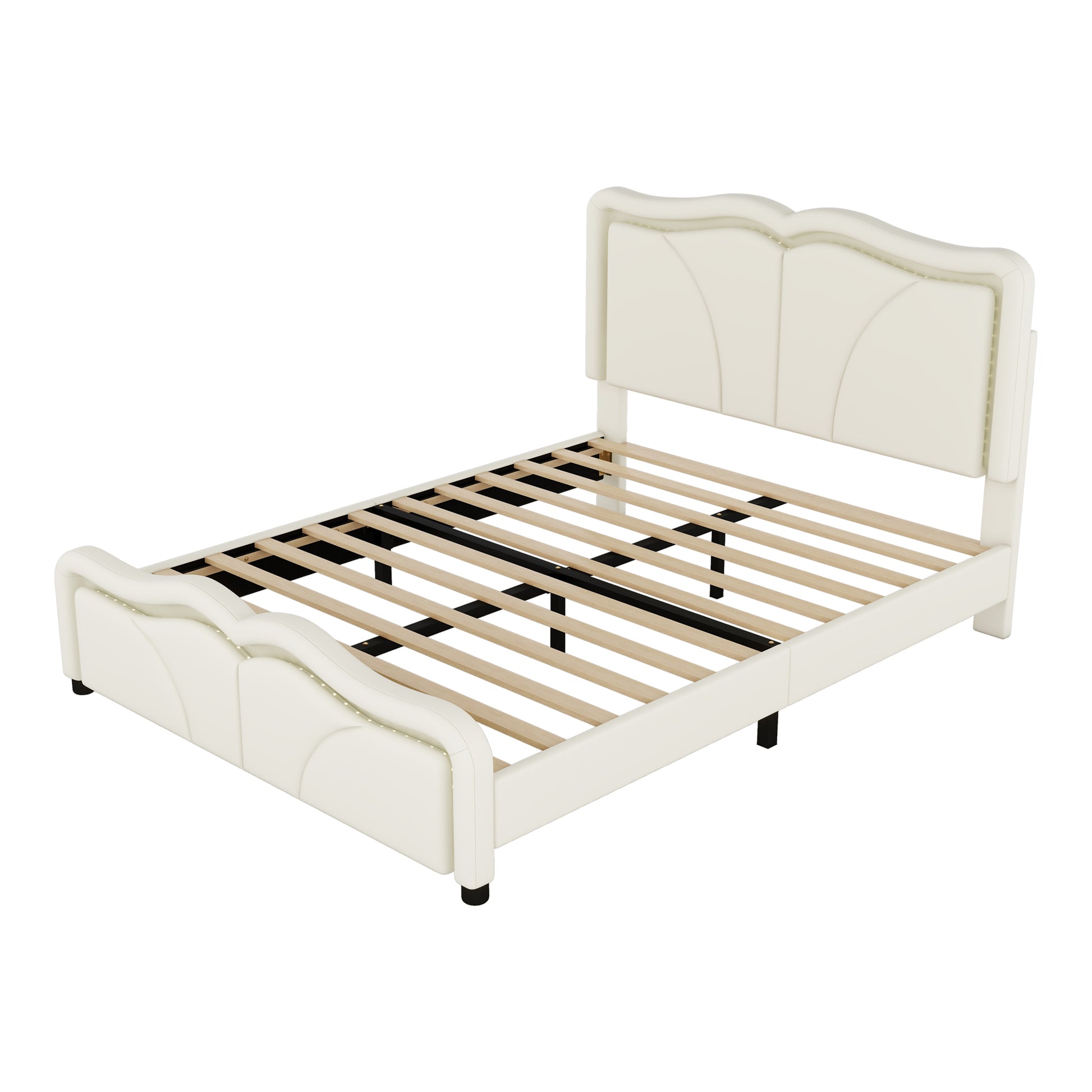 Full Size Upholstered Platform Bed With Curve Shaped And Height Adjustbale Headboard,Led Light Strips,White Full White Upholstered