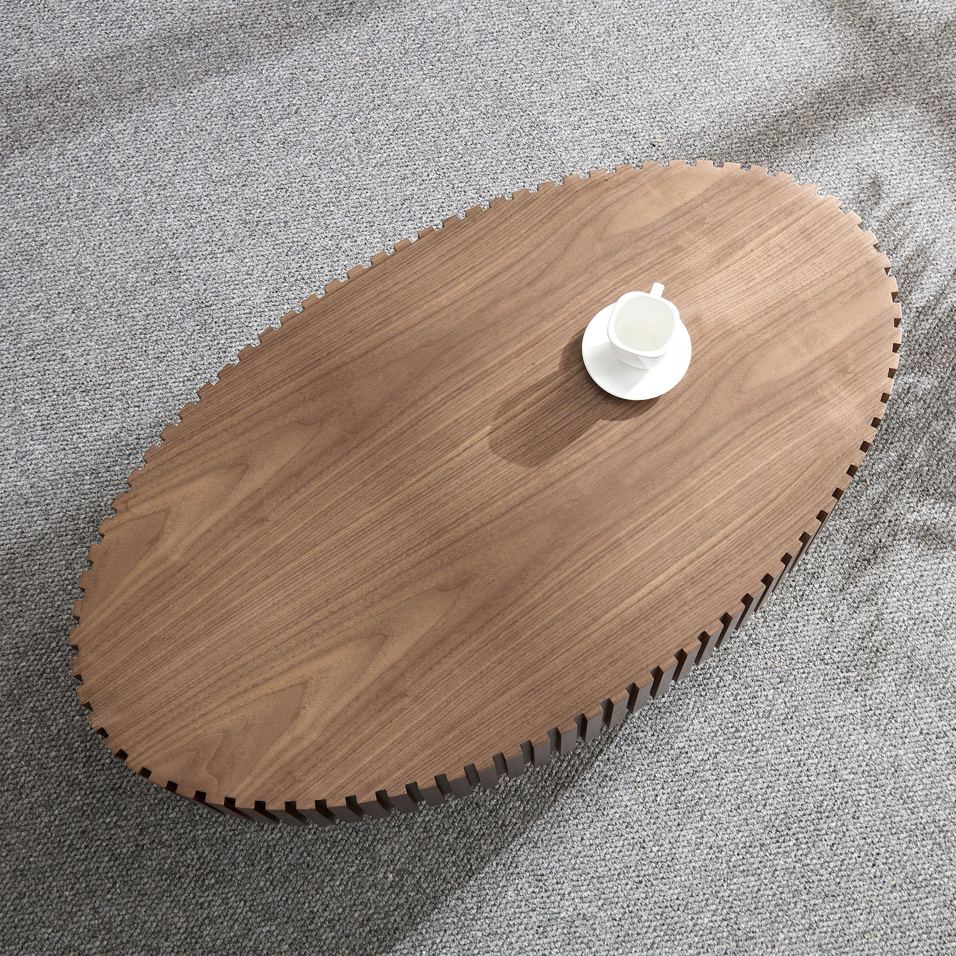 Modern Handcraft Drum Coffee Table Length 43.7 Inch Ellipse Coffee Table For Living Room,Oval Small Coffee Table With Sturdy Pedestal,Walnut Mdf Walnut Mdf