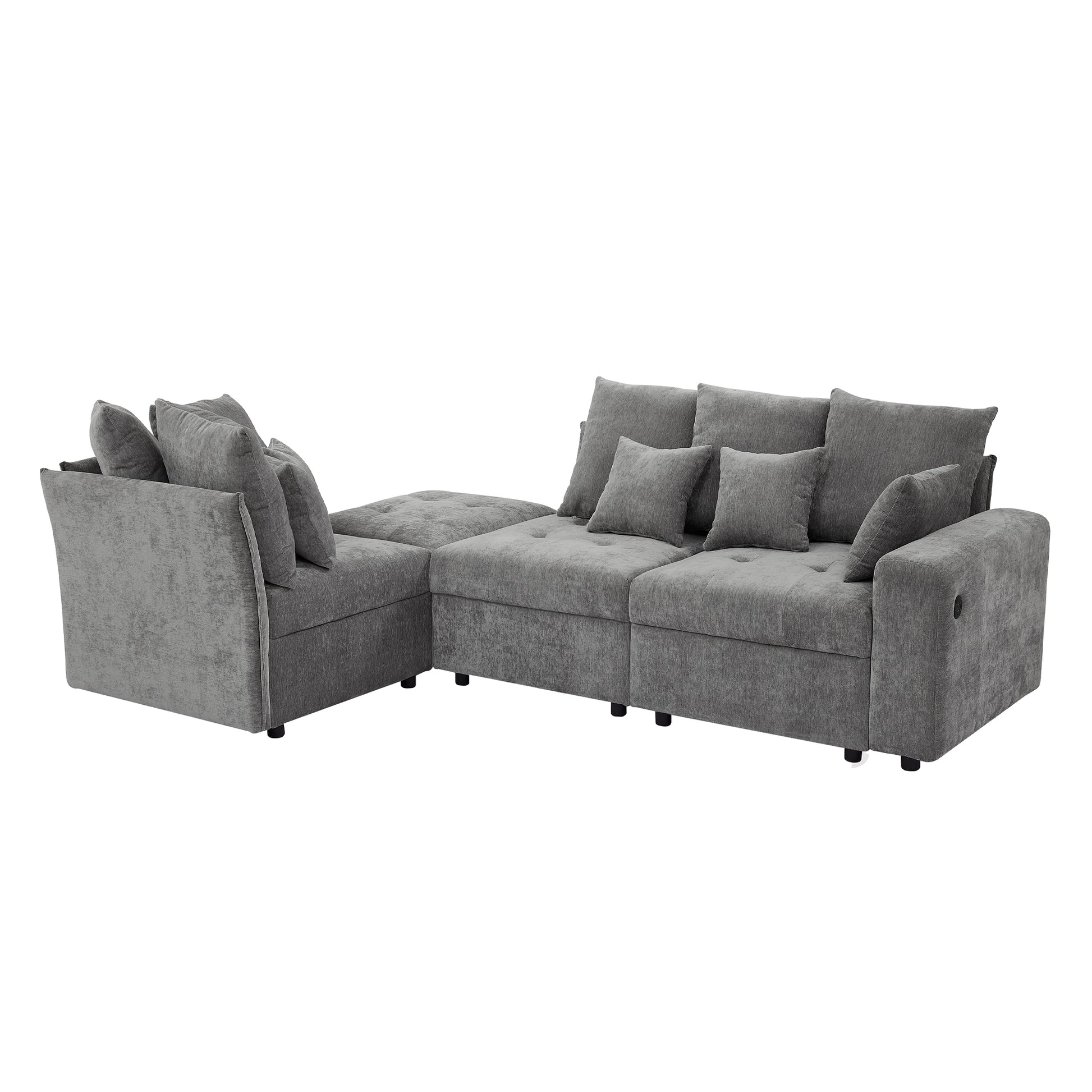 96.45"Sectional Sofa Modular Sofa Couch With Three Usb Ports, A Removable Storage Ottoman And Five Back Pillows For Living Room, Grey Grey Foam Chenille 4 Seat