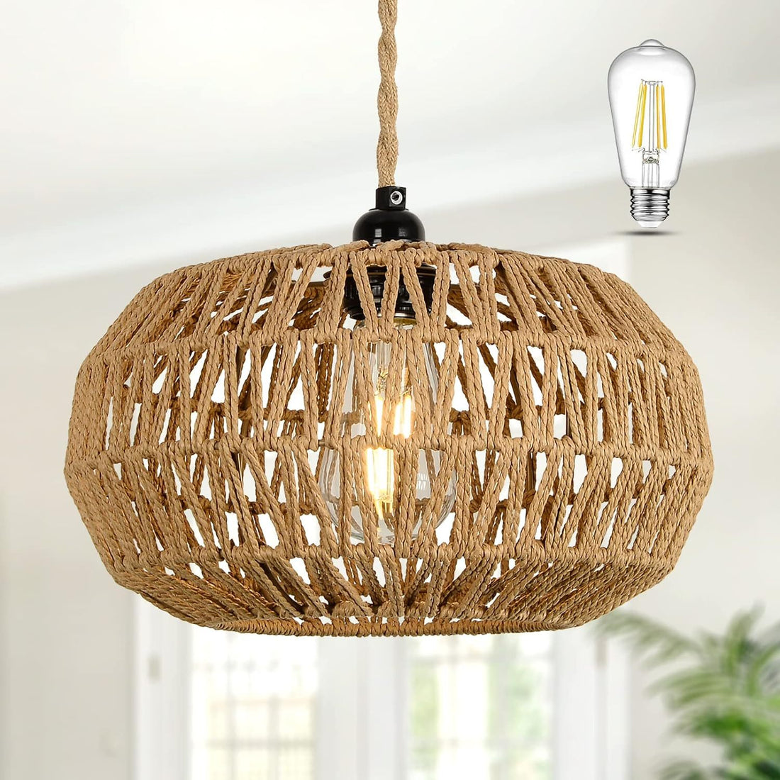 Farmhouse Led Rattan Pendant Lights, Boho Chandelier Light Fixture, Rustic Wicker Hand Woven Rope Cage Basket Pendant Hanging For Dining Room Living Room Kitchen Bedroom Nursery Foyer Hallway Entryway Brown Rattan Metal