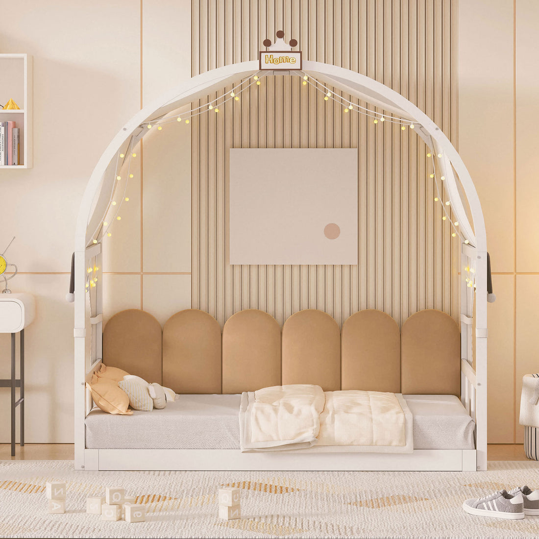 Twin Size Extended Bed With Arched Roof And Trundle, White Twin White Plywood