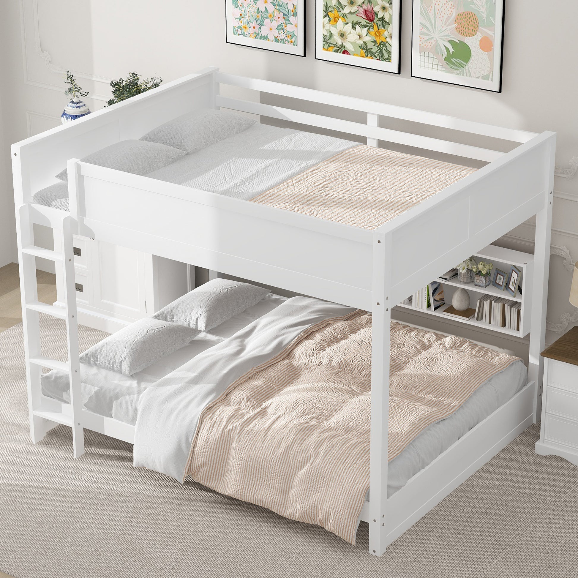 Queen Over Queen Bunk Bed With Storage Cabinets And Usb Ports, White Expected Arrival Time: 10.26 White Solid Wood Mdf