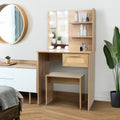 Vanity Desk Set Stool & Dressing Table With Led Lighting Mirror Drawer And Compartments Modern Wood Cosmetic Table Chest Of Drawers Nature Color Natural Wood Particle Board