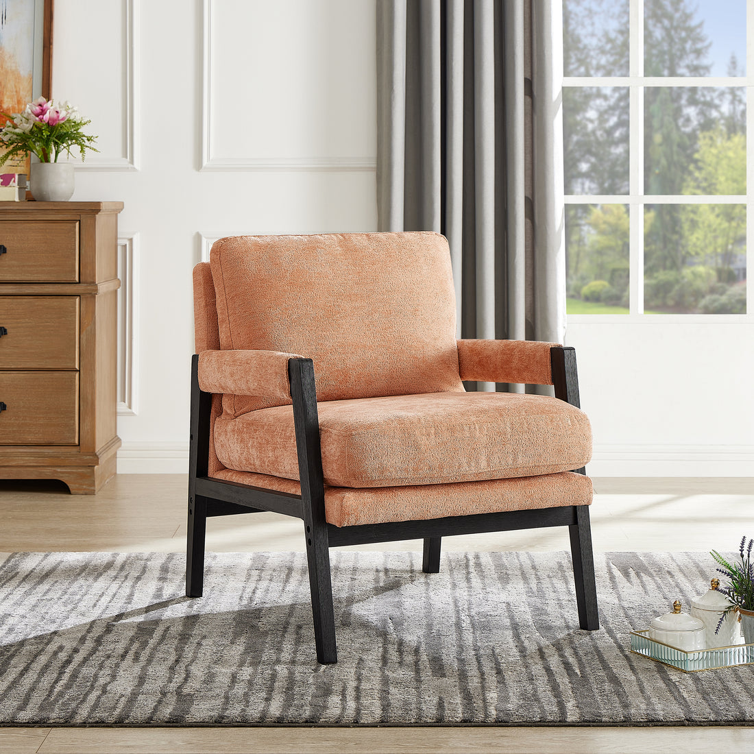 Kelly Mid Century Modern Chenille Upholstered Accent Armchair, Orange Orange Brown Primary Living Space Mid Century Modern Rubberwood Chenille Chenille,Rubber Wood