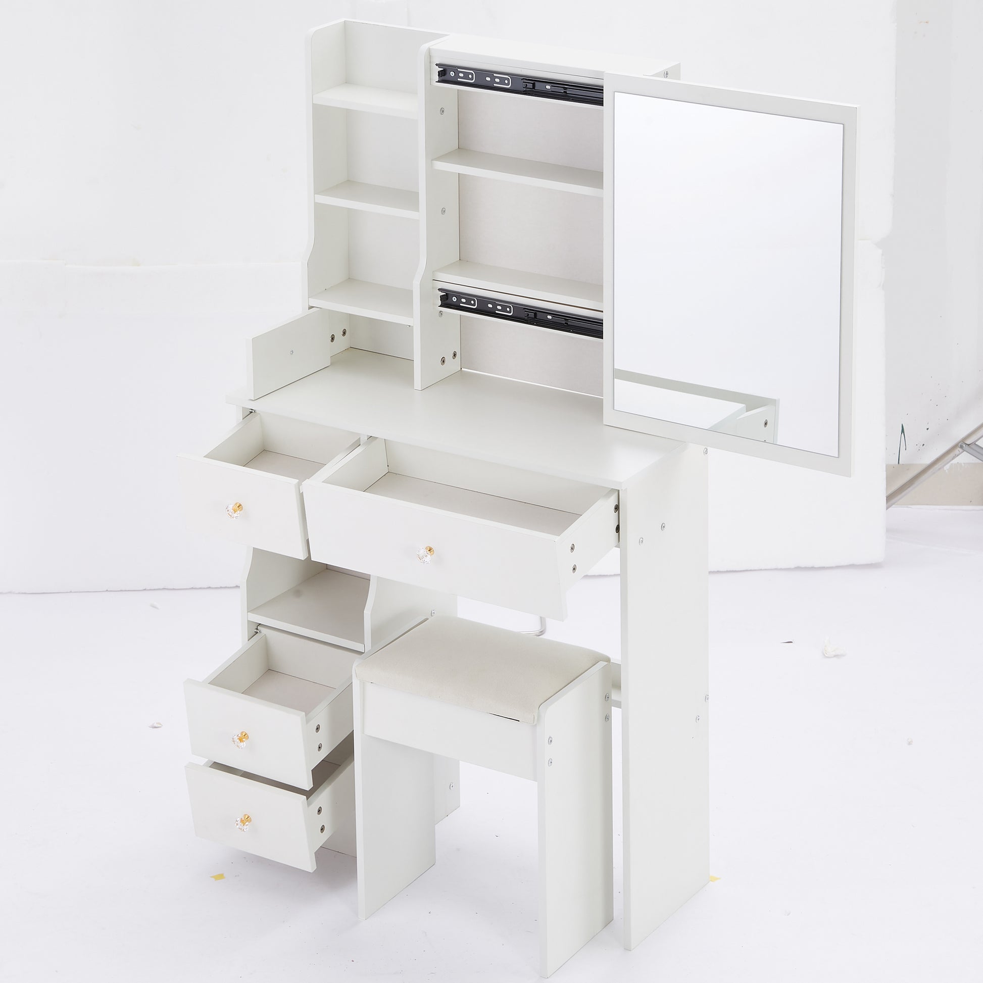 Small Size Left Drawer Desktop Vanity Table Cushioned Stool, Extra Large Sliding Mirror, Multi Layer, High Capacity Storage Fashionable Dresser, Suitable For Small Space, Epa,Gcc,Ul Certificate