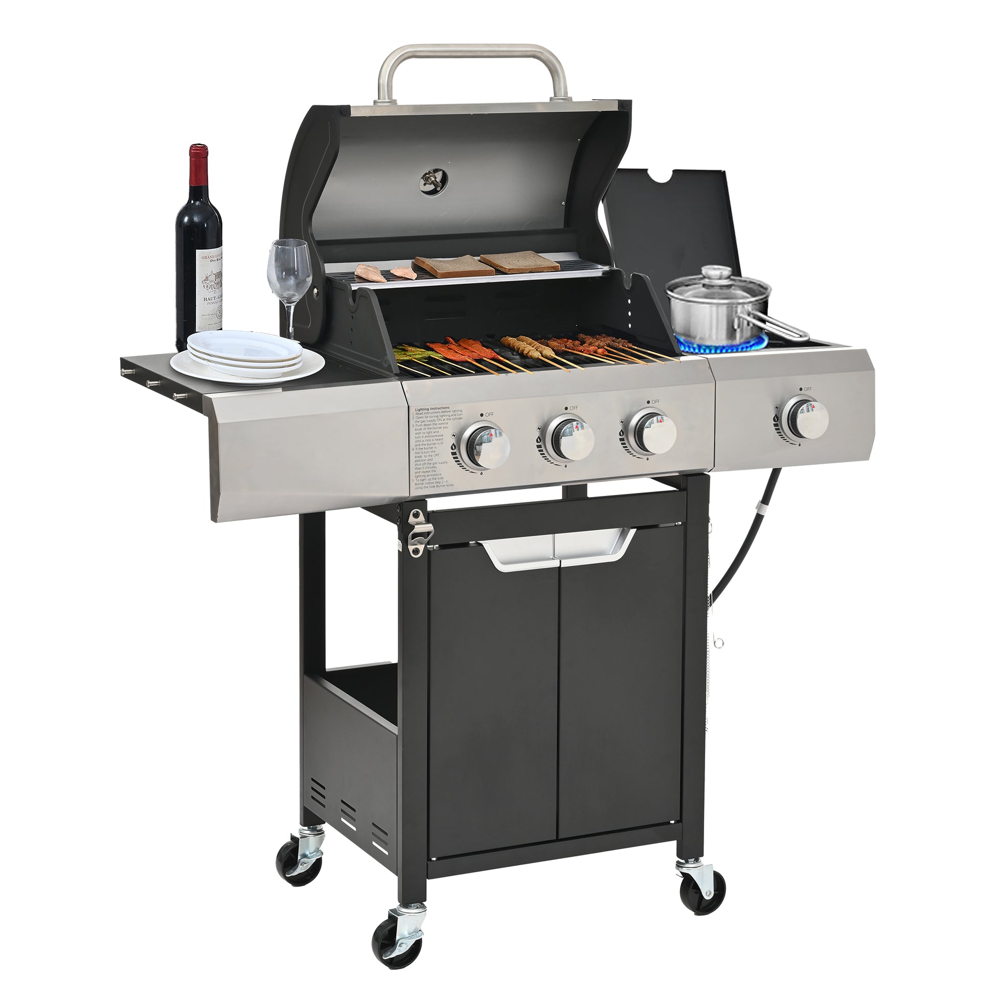 Propane Grill 3 Burner Barbecue Grill Stainless Steel Gas Grill With Side Burner And Cover For Outdoor Bbq, Camping Silver Garden & Outdoor Stainless Steel