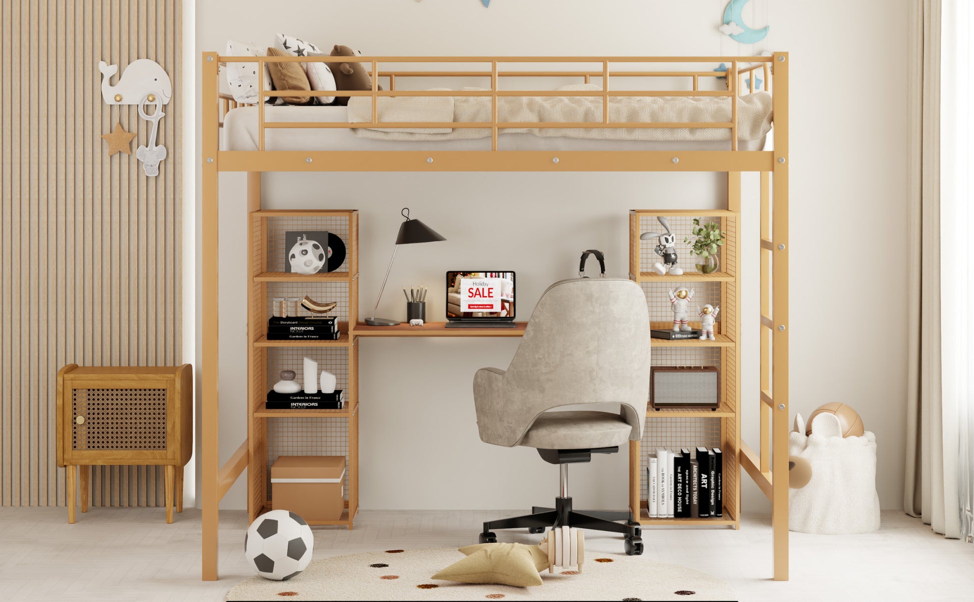 Full Size Metal Loft Bed With Built In Desk And Shelves, Gold Brown Box Spring Not Required Full Brown Gold Metal Bedroom Mdf Metal