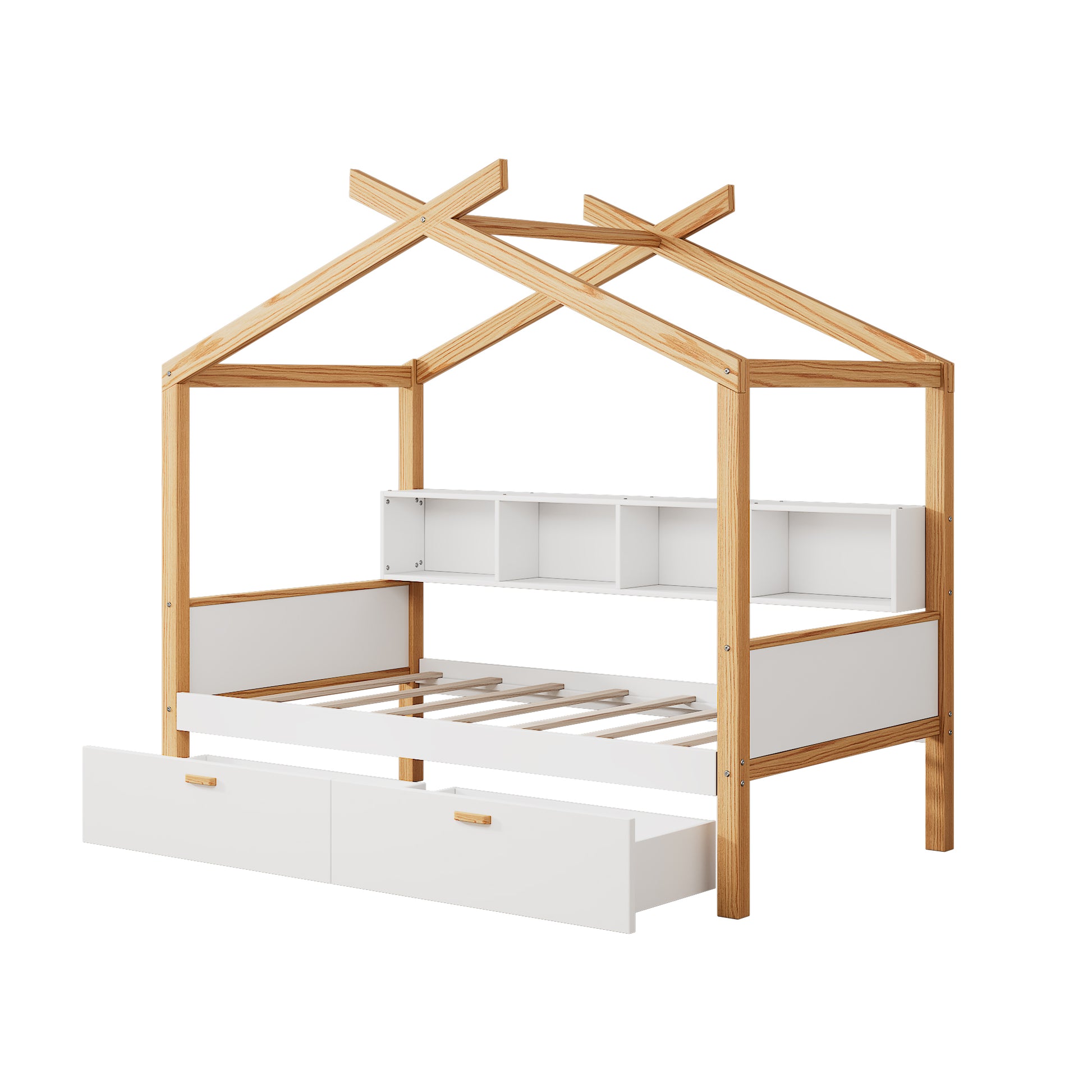 White Twin Size Wooden House Bed Original Wood Colored Frame With Two Drawers And Bookshelf Storage Space For Children Or Guest Room Twin White Wood