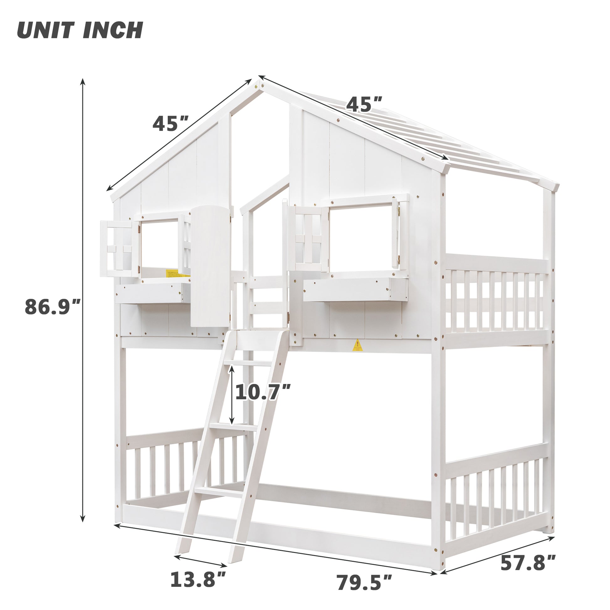 Twin Over Twin House Bunk Bed With Roofwindow, Window Box, Doorwith Safety Guardrails And Ladder,White Twin White Pine