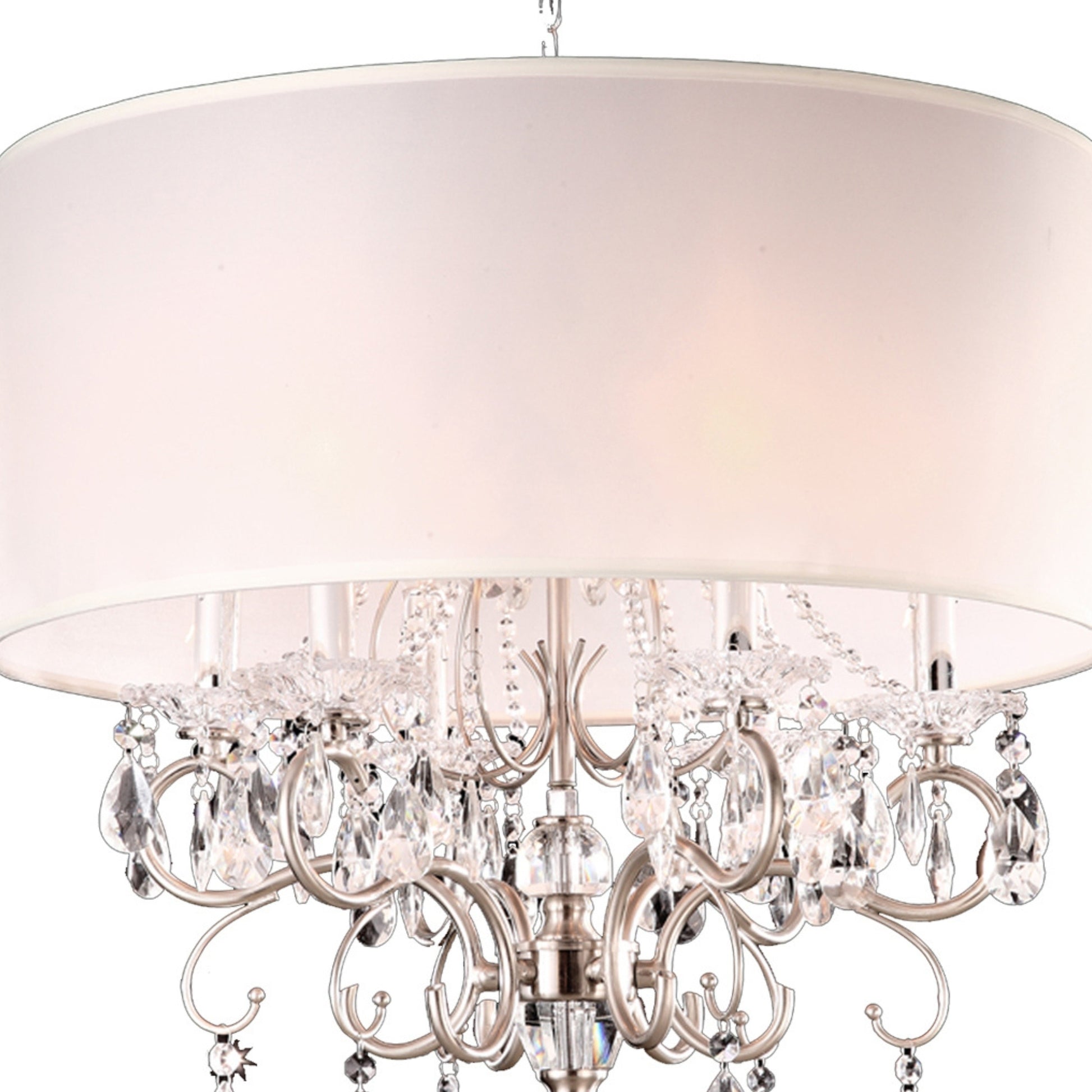 21" Tall Metal Chandelier With Silver Finish, White Shade With Crystal Accents Pink Metal