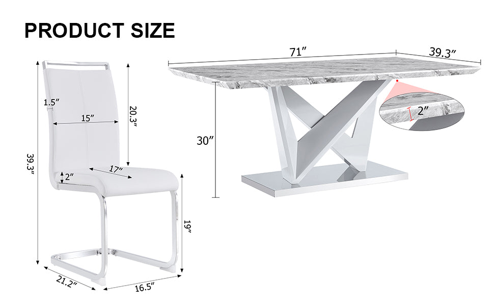 1 Table And 6 Chairs Set.Modern Grey Mdf Faux Marble Dining Table With Double V Shaped Supports.Paired With 6 Modern Pu Artificial Leather Soft Cushion With Silver Metal Legs.F Vv,C 1162 Gray Seats 6 Mdf Metal
