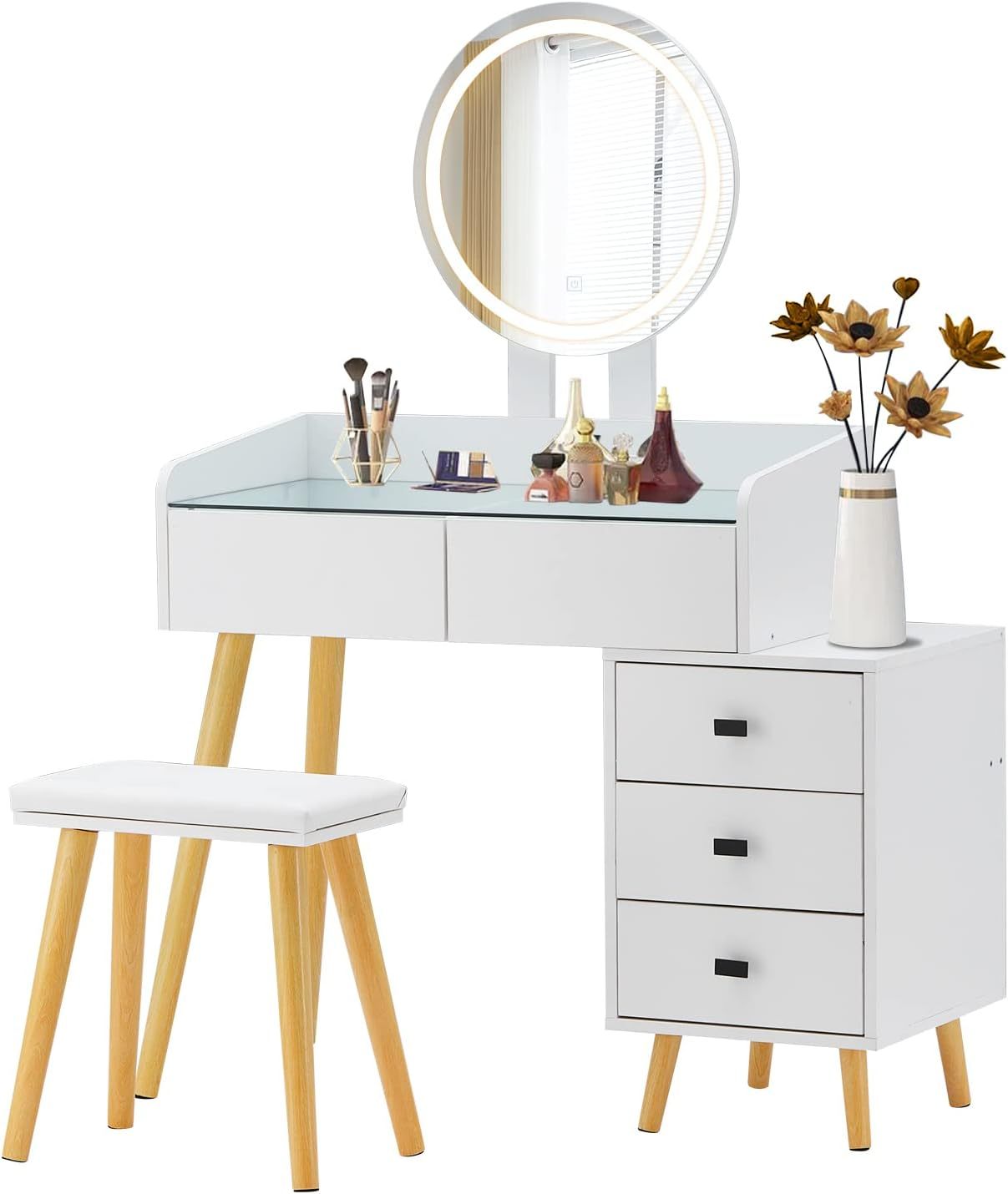 Dressing Table With Led Lights Glass Top Dressing Table With Extendable Side Table 5 Drawers Dressing Table With Mirror And Stool For Bedroom White Drawer 5 Drawers & Above Bedroom Modern Mirror Included White Particle Board Mdf