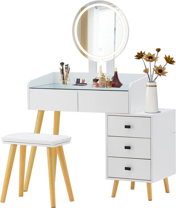 Dressing Table With Led Lights Glass Top Dressing Table With Extendable Side Table 5 Drawers Dressing Table With Mirror And Stool For Bedroom White Drawer 5 Drawers & Above Bedroom Modern Mirror Included White Particle Board Mdf