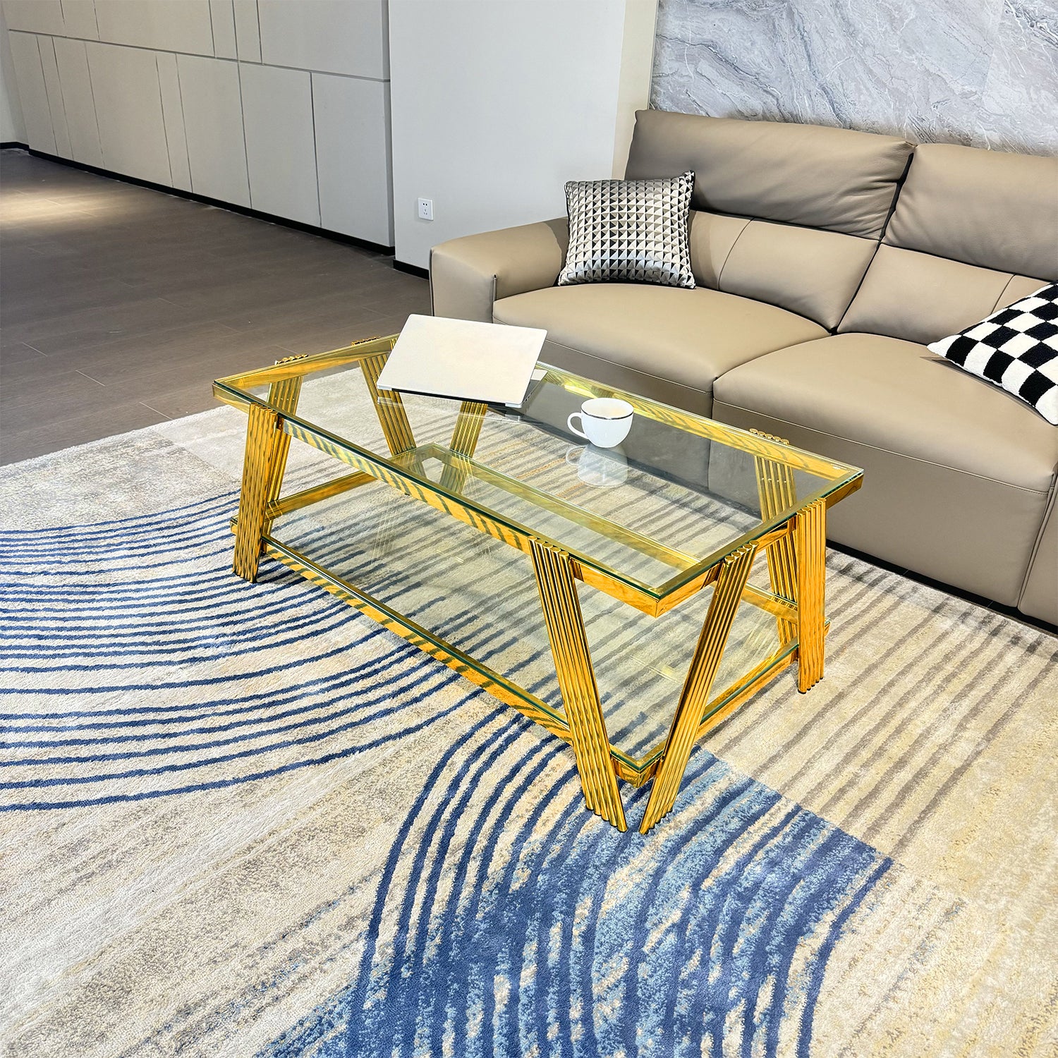 Golden Stainless Steel Double Layer Clear Tempered Glass Coffee Table For Bed Room, Living Room Gold Clear Modern Rectangular Stainless Steel,Tempered Glass