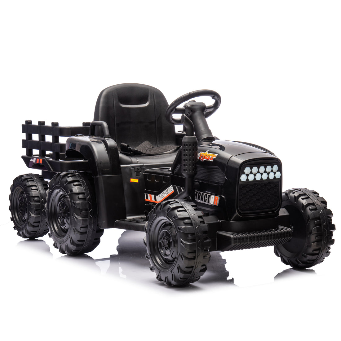 Ride On Tractor With Trailer,24V Battery Powered Electric Tractor Toy, 200W*2Motor 1.86 4.97Mph Remote Control,Electric Car For Kids,Three Speed Adjustable,Usb,Mp3 ,Bluetooth,Led Light, Safety Belt Black Polypropylene