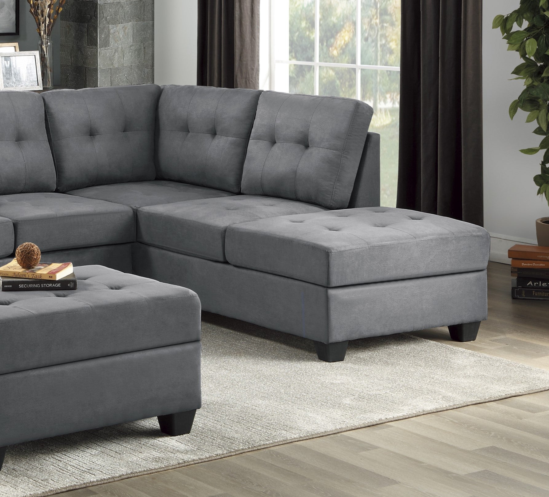 Modern Living Room 3 Piece Sectional Reversible Sofa Chaise Storage Ottoman Tufted Detail Dark Gray Microfiber Upholstered Drop Down Cup Holder Solid Wood Frame Furniture Dark Gray Microfiber Wood