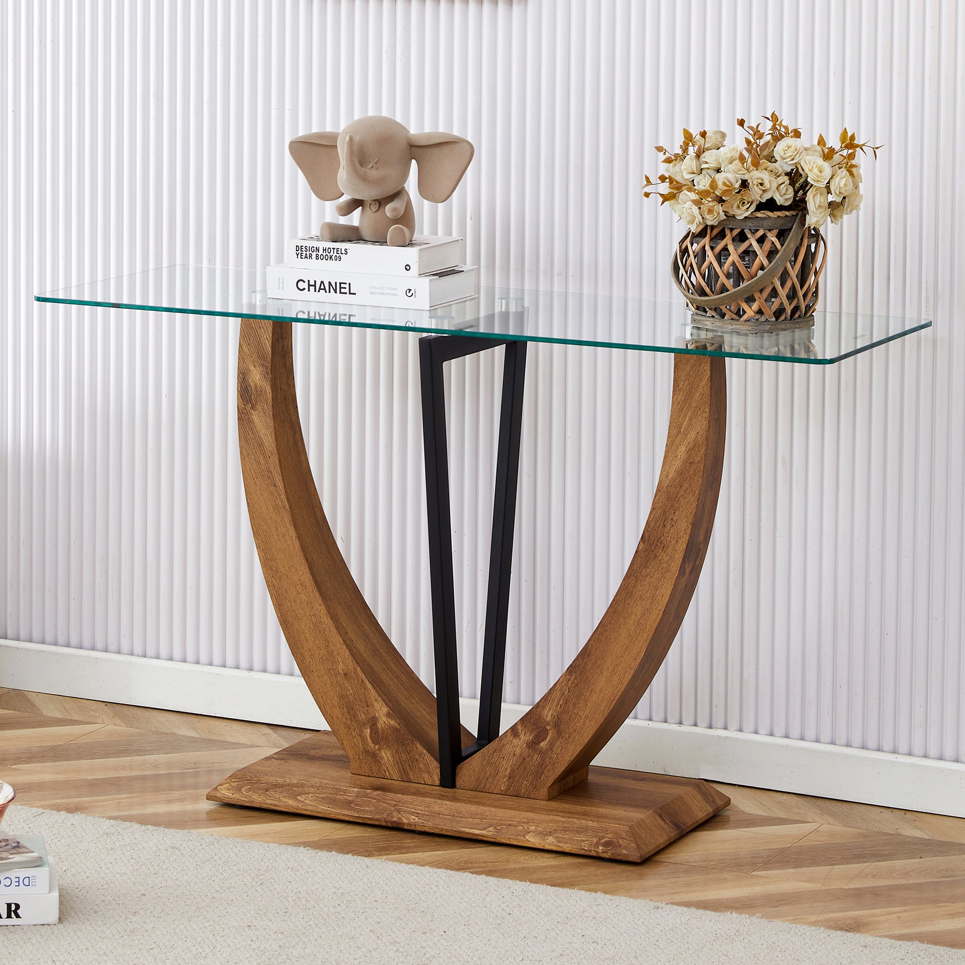 Modern Minimalist Rectangular Glass Table With 0.39 "Tempered Glass Top And Mdf Wood Grain Sticker Legs, Suitable For Entrance And Living Room. Transparent Glass