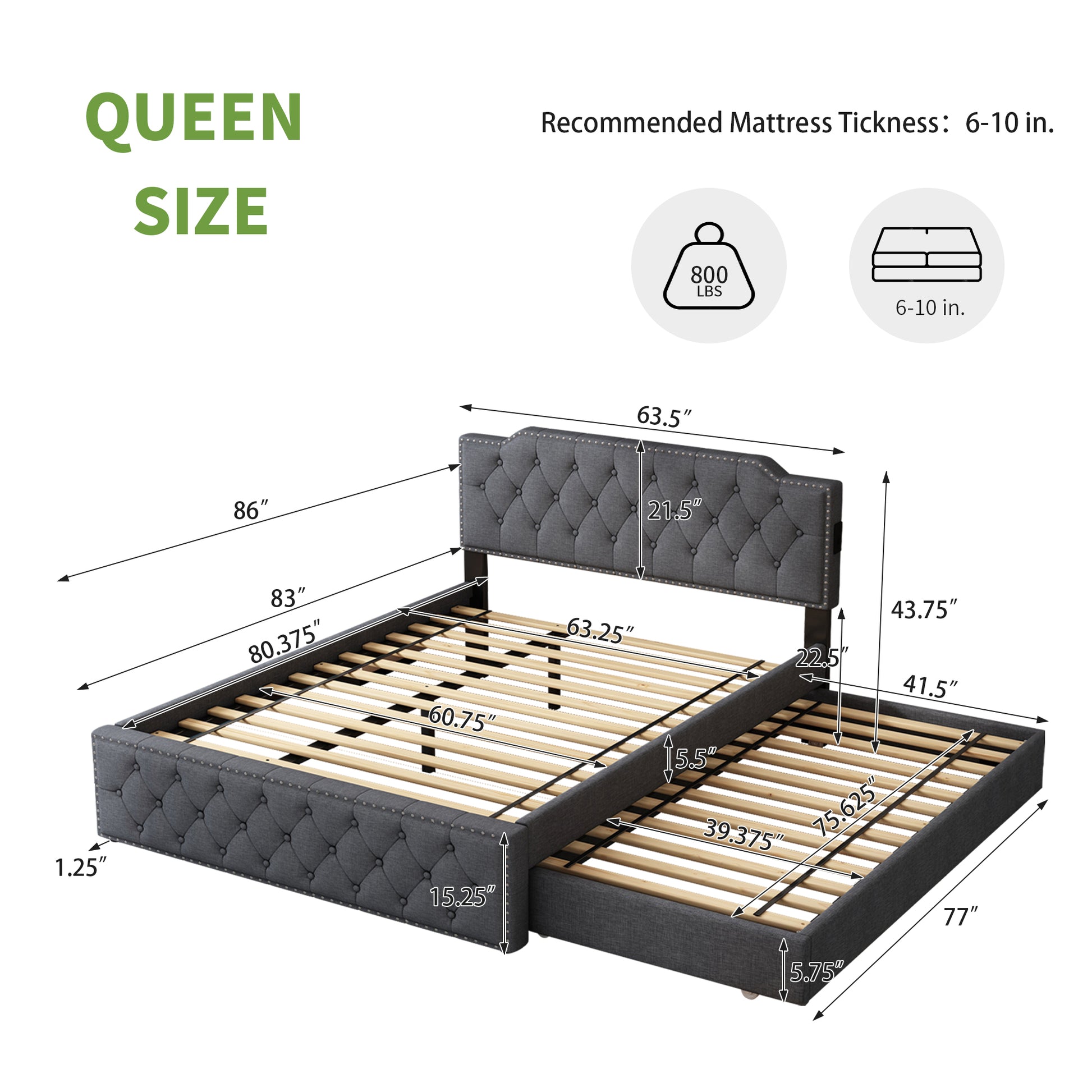 Queen Size Upholstered Platform Bed With Twin Size Trundle And Usb Portsdecorate With Copper Nails,Linen Fabric, Dark Grey Queen Dark Gray Composite Linen Fabric