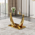 Modern Simple Rectangular Dining Table With Clear Glass Top And Smooth Gold Legs. Suitable For Kitchen, Dining Room And Living Room. Golden Glass