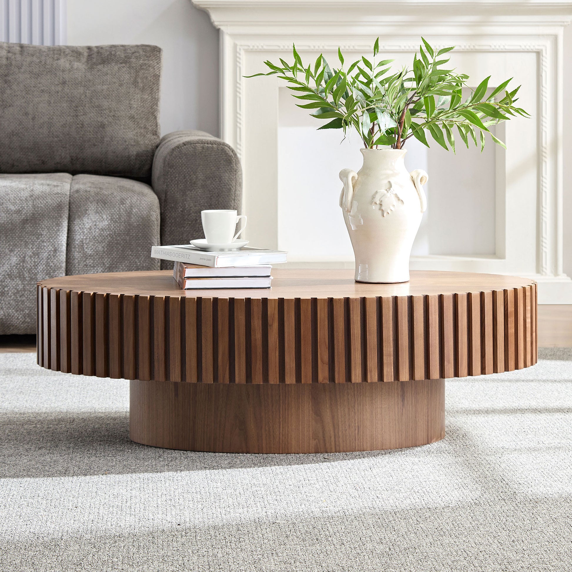 Modern Handcraft Drum Coffee Table Length 43.7 Inch Ellipse Coffee Table For Living Room,Oval Small Coffee Table With Sturdy Pedestal,Walnut Mdf Walnut Mdf