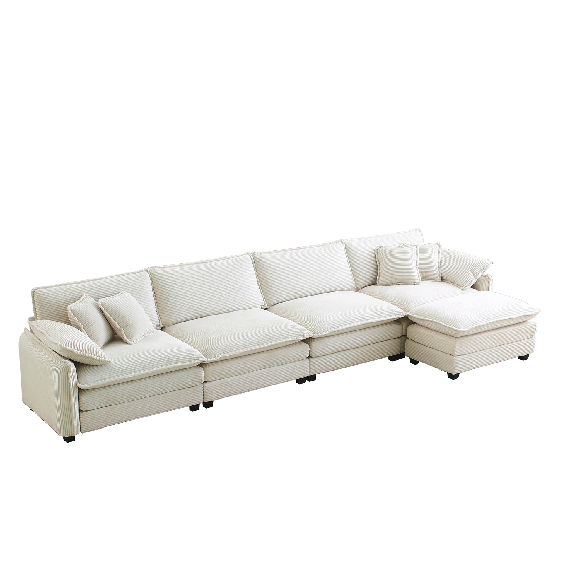 Corduroy Sofa Modern Upholstered 4 Seater With With 1 Footstool Corduroy Fabric Sofaoffice Living Room Apartment Comfort Sofa, Easy To Assemble With 2 Arm Pillows And 4 Throw Pillows Beige Corduroy 4 Seat