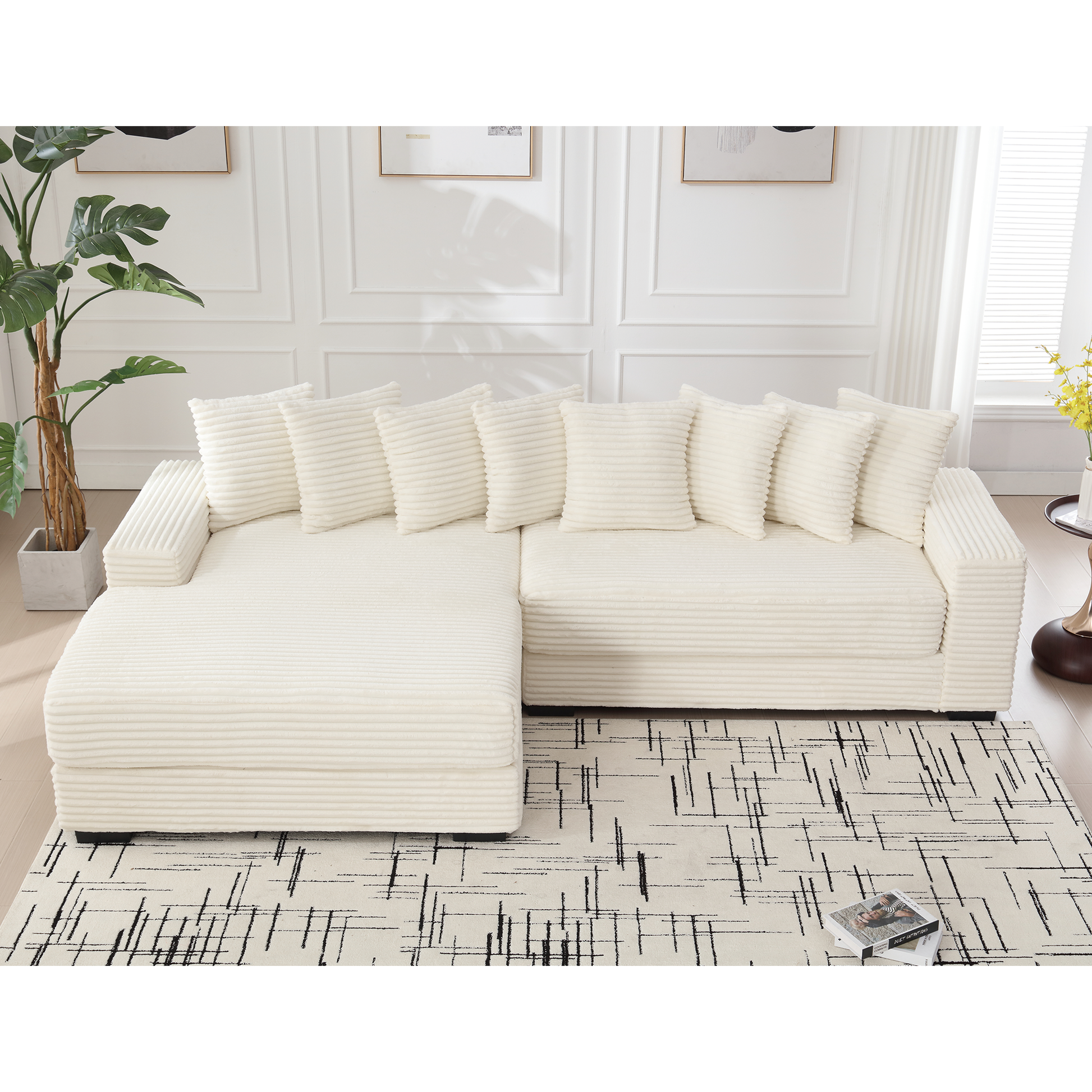 Arrived Oversized Two Piece Couches, L Shaped Sofa, Corduroy, Left Chaise Daybed,With Armrests,Eight Throw Pillows,Corner Sofa,Easy To Assemble, Beige Beige Polyester Wood Primary Living Space Pillow Back Medium Soft Modern Square Arms Wood 3 Seat