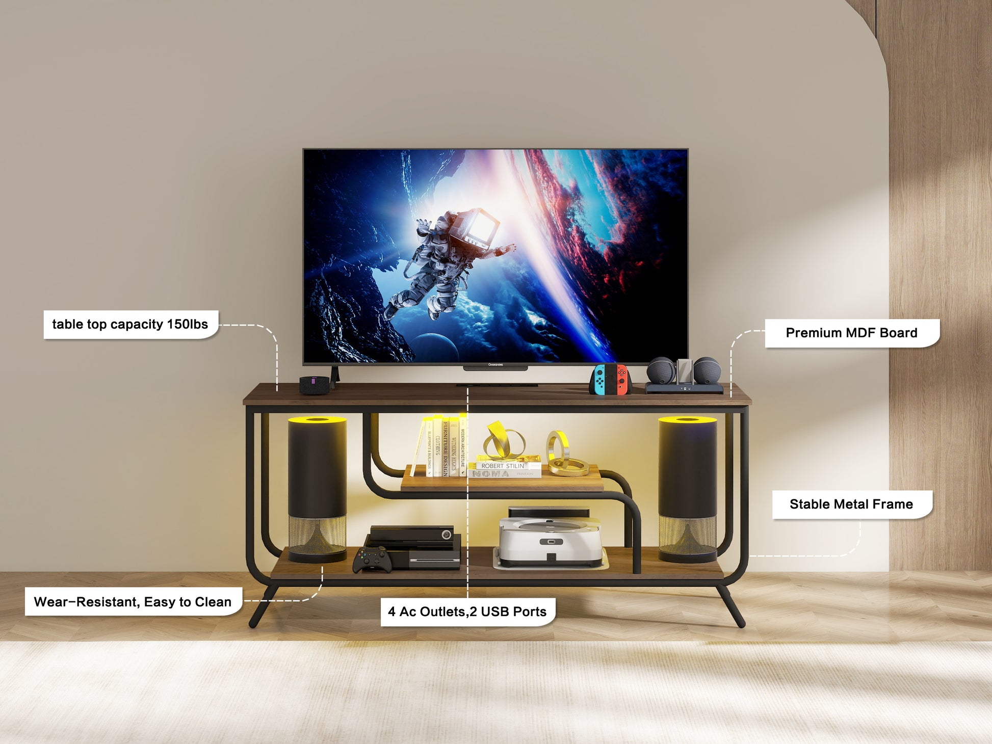 Tv Stand With Power Outlets And Led Lights Tv Stand For Tvs Up To 55 Inch, Entertainment Center With Shelves, Modern Tv Console Table For Living Room & Bedroom, Light Gray Light Gray 40 49 Inches